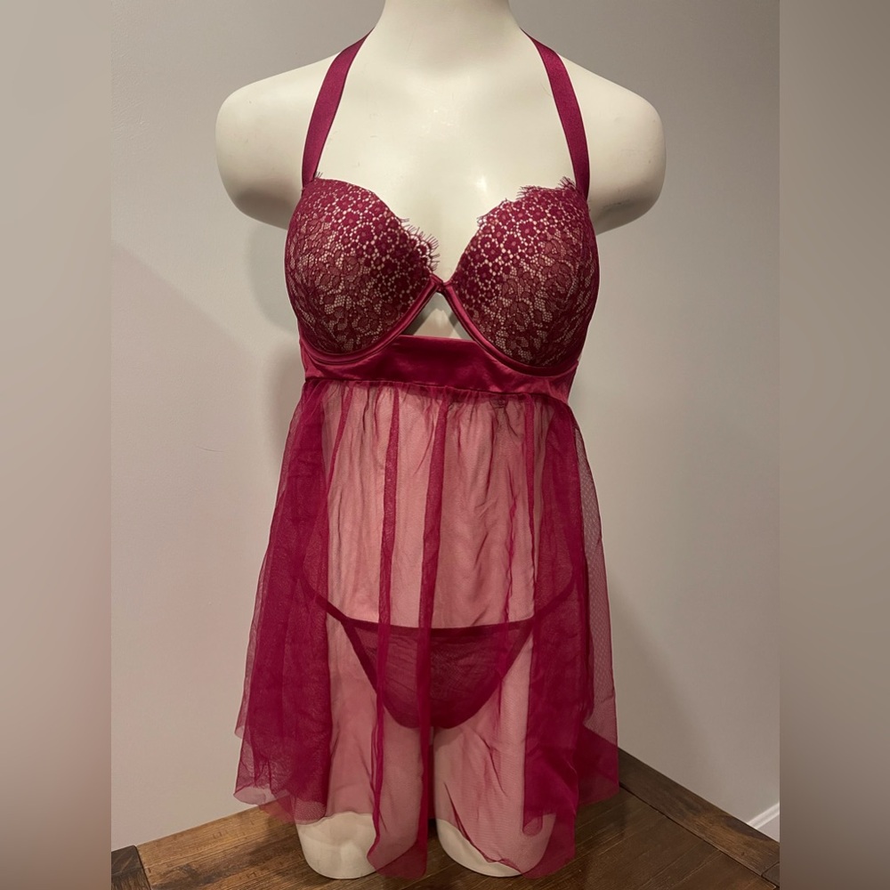 VS 36D eyelash sheer strappy babydoll lingerie underwire push up halter